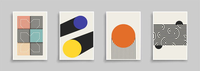 Collection of fashion art covers, templates, backgrounds, placards, brochures, banners, flyers. Creative striped posters with color shapes and stylish print