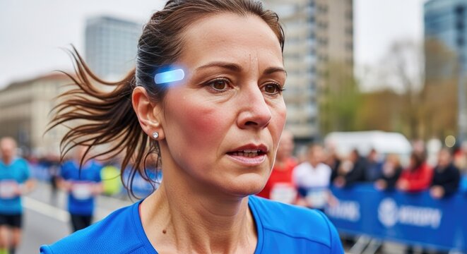 Woman runner with augmented reality glasses during a race, experiencing advanced sports technology