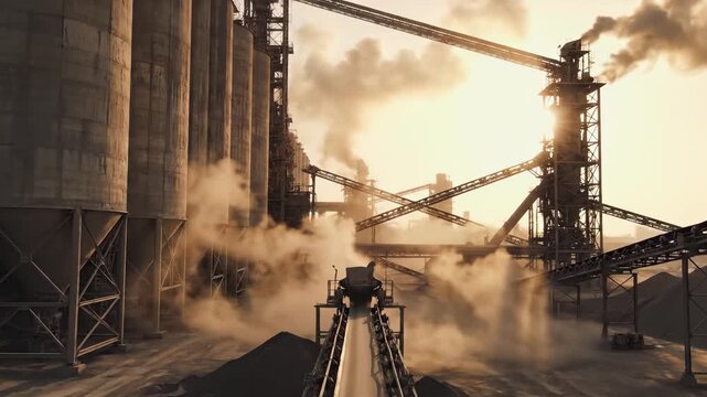 Industrial conveyor belt transports materials through a manufacturing facility, showcasing machinery and operations, with a gradual zoom out revealing the scene