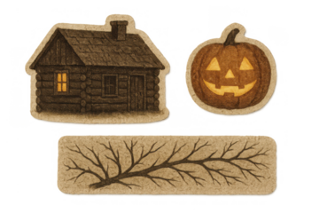 Halloween pumpkin, log cabin, and tree branch illustrations on cutout paper, creating spooky, rustic autumn themed stickers