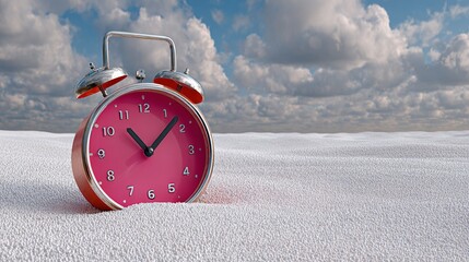 Pink alarm clock with the time of 10:30 is placed on a snowy field. The clock is surrounded by snow, giving it a serene and peaceful appearance. Concept of calmness and tranquility
