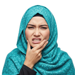 Fototapeta premium Woman in turquoise hijab with confused expression isolated on transparent background