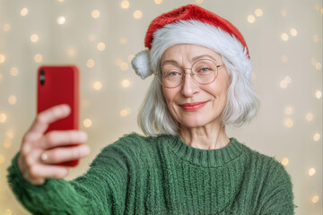 Senior woman santa hat taking selfie christmas 2025