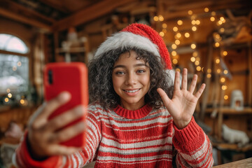 Young woman santa hat video call christmas 2025