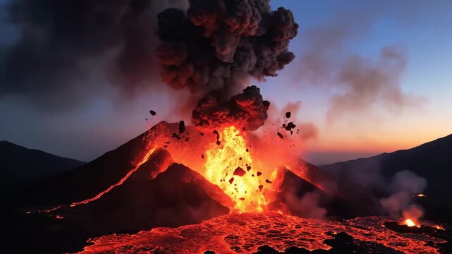 Volcano eruption at sunset with lava flow and ash cloud