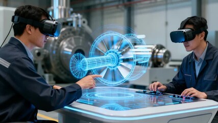 Holographic engineering teamwork, Augmented simulation in workshop - Powered by Adobe