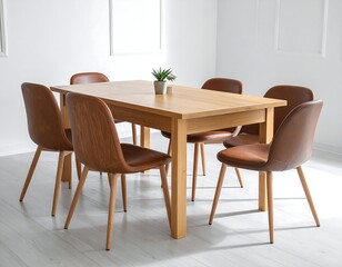 Dining room, light wood table surrounded by six brown leather chairs, minimalist style