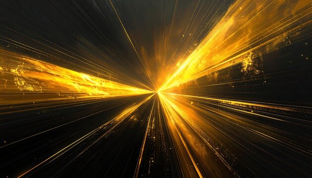 Dynamic, abstract composition featuring luminous golden lines converging into the distance