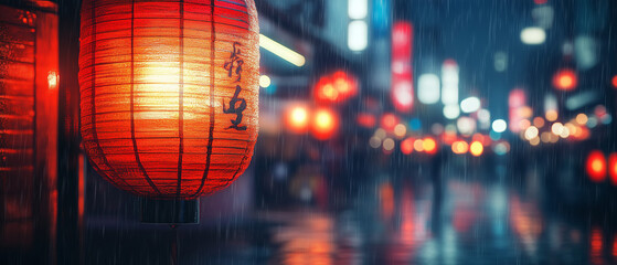 Lanterns illuminate a rainy street in a vibrant city at night with reflections on wet pavement ai, lanterns, rain, street, city, nightlife, shops, reflections, evening, people, urban, pavement, illumi