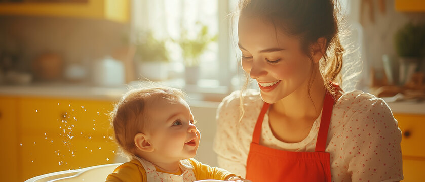 Joyful mother and baby enjoying playful moments in a sunlit kitchen while engaging in fun activities and bonding time ai, mother, baby, kitchen, sunlight, bonding, happiness, parenting, joy, family, p