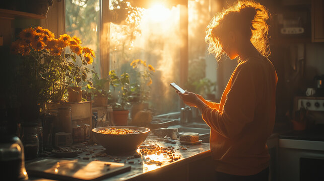 Sunshine-filled kitchen with a woman using her phone while surrounded by flowers and breakfast items in the morning light ai, kitchen, sunlight, morning, woman, phone, flowers, sunflowers, breakfast,