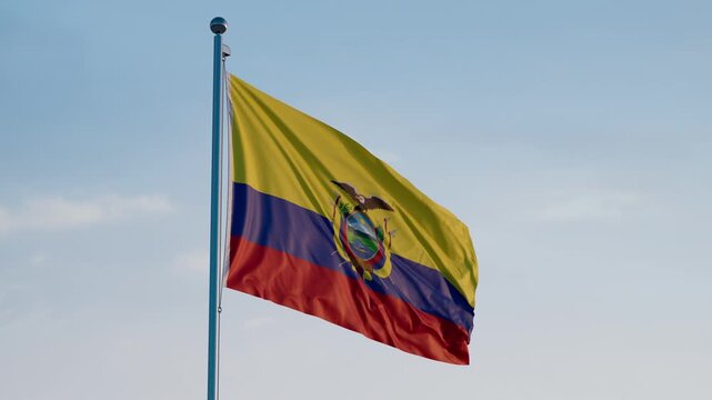 Ecuador Quito Flag Cinematic Realistic Waving Dolly Out Blue Sky - Powered by Adobe