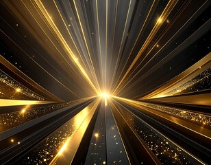Dynamic abstract design of golden light rays converging on a central point in a dark space