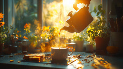 Morning ritual of brewing tea and enjoying toast in a sunlit kitchen filled with plants and warmth ai, tea, kettle, cup, kitchen, sunlight, plants, toast, cozy, morning, ritual, brewing, warmth, atmos