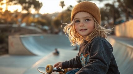 Young child enjoying skateboarding at a park during golden hour surrounded by friends ai, child, skateboard, skate, park, golden, hour, joy, youth, play, outdoor, activity, friends, adventure, sun, be
