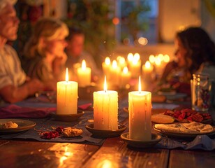 Dinner gathering around a wooden table, lit by candles, with soft-focused faces in background