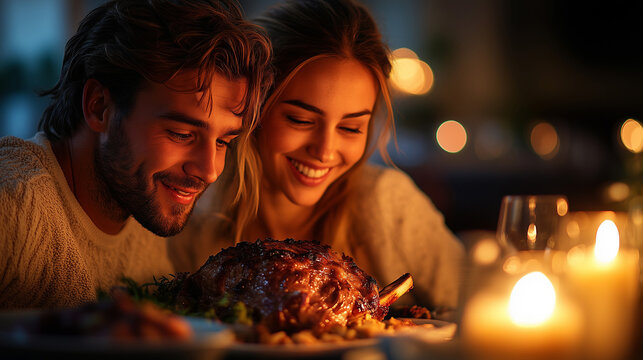 Couple enjoying a romantic dinner with candles and a delicious meal in a cozy setting ai, romantic, dinner, couple, candles, cozy, setting, intimate, atmosphere, roasted, meat, delicious, meal, restau