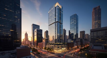 The image captures a busy urban downtown with multiple high-rise buildings.
The sky is transitioning from warm sunset tones on the left to a deeper blue evening sky on the right.
The lighting create