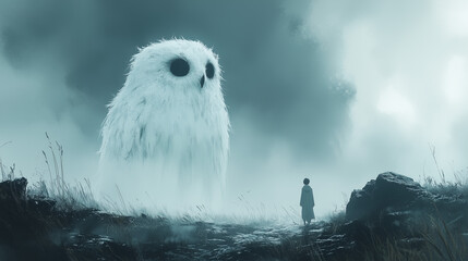 Large mythical owl encounters a small figure in a foggy landscape at twilight ai, owl, mythical, creature, figure, fog, twilight, landscape, adventure, fantasy, encounter, surreal, nature, magic, wild