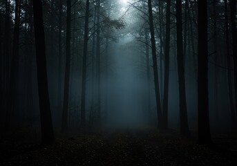 Fototapeta premium Eerie dark forest illuminated by mysterious moonlight and dense fog, creating a frightening and atmospheric backdrop for horror themes, haunted, spooky, evil