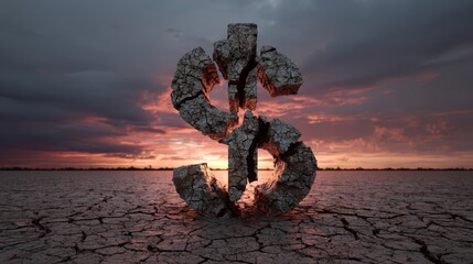 High resolution photo of cracked Dollar Sign Symbolizing Financial Ruin Against a Dramatic Sunset, Representing Economic Crisis, Despair, and Destruction in a Surreal Landscape.
