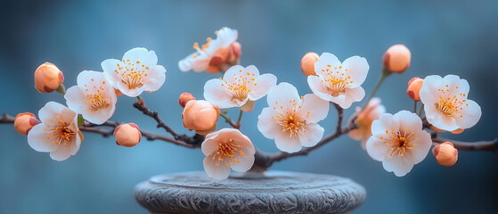 Clean white sakura flowers on soft blue background with copy space. Minimalist spring design perfect for beauty products, wellness, and modern seasonal graphics.