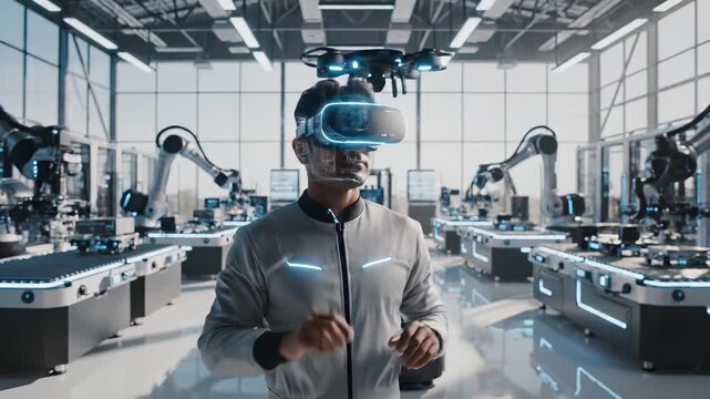 Male technician interacts with virtual interface in a high-tech robotics lab, showcasing advanced technology and immersive experience, camera pans and zooms in