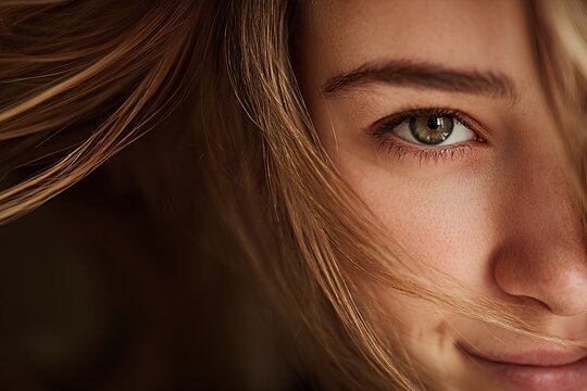 Close-up portrait of a joyful young woman with ash-blonde hair and deep emerald green eyes. One strand of her light brown hair is casually tucked behind her ear