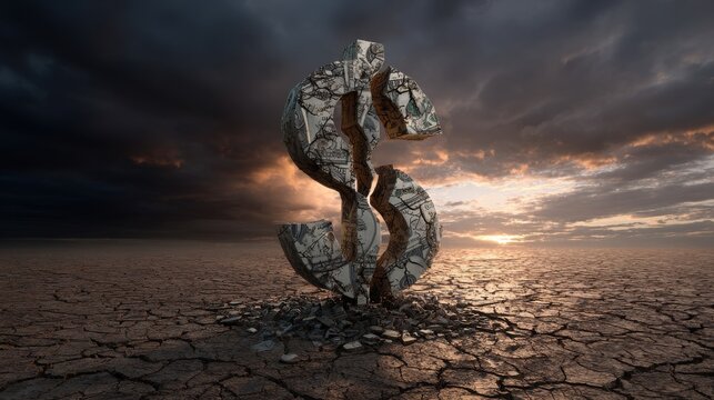 High resolution photo of cracked Dollar Sign Symbolizing Financial Ruin Against a Dramatic Sunset, Representing Economic Crisis, Despair, and Destruction in a Surreal Landscape.