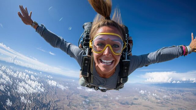 Smiling skydiver in red suit freefall, arms outstretched over sunlit clouds and mountain ridges, clear goggles and helmet reflecting blue sky, harness