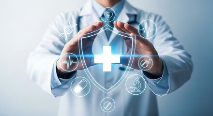 Doctor protecting health with shield and plus sign, symbolizing healthcare coverage, insurance, and medical protection, ensuring safety and wellbeing