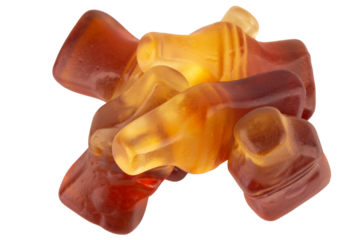 Cola Soda Bottle Jelly Candies on White Background pile