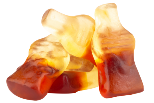 Cola Soda Bottle Jelly Candies on White Background pile