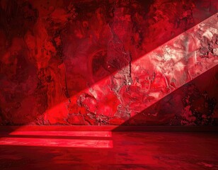 A beam of light illuminates a textured red wall in an empty, moody room