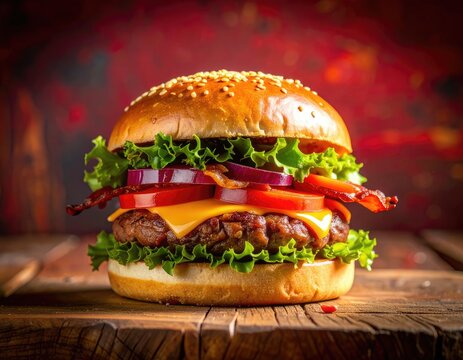 A juicy beef burger with bacon, cheese, lettuce, tomato, and onion on a sesame bun