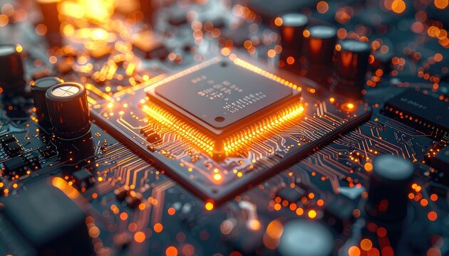A glowing microchip on an electronic circuit board with intricate connections