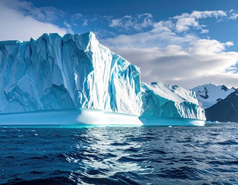 A massive, sculpted iceberg drifts on the deep blue sea near snowy peaks - Powered by Adobe