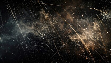 Dark abstract artwork with streaks, dust, and particles in shades of brown and gray