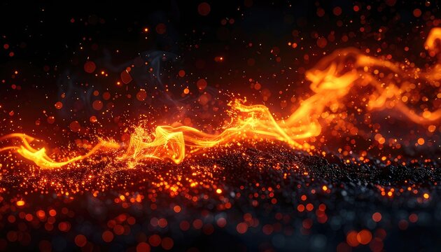 A dynamic wave of fire and glowing embers flows over a dark, ashen surface