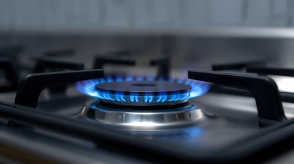 Burning gas stove with blue flame in a kitchen close-up