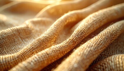 A close-up of warm, sunlit, natural woven fabric with a coarse, soft texture