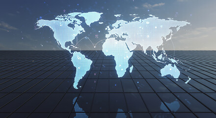 Blue digital world map on reflective dark grid surface