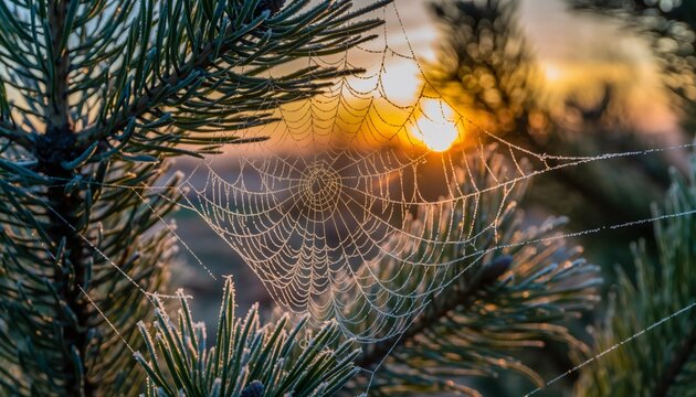 Frost covered spiderweb between pine branches, backlit by low winter sun, ice crystal details creating magical morning scene - Powered by Adobe