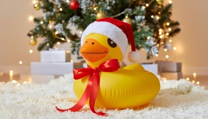 Whimsical rubber duck wearing Santa hat with red bow sits beneath twinkling Christmas tree surrounded by wrapped gifts