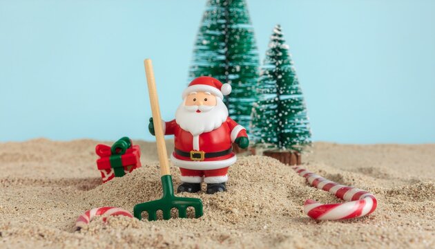 Miniature Santa figurine creating peaceful zen garden sand patterns with tiny rake and festive holiday decorations