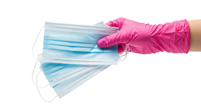 Hand in pink glove holding several blue medical masks isolated on white background