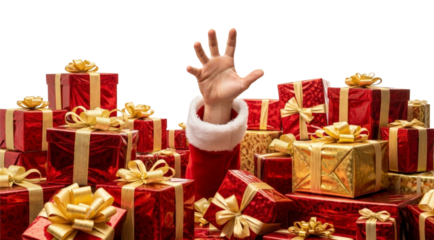 Santa hand reaching out from a pile of red gift boxes isolated on white background