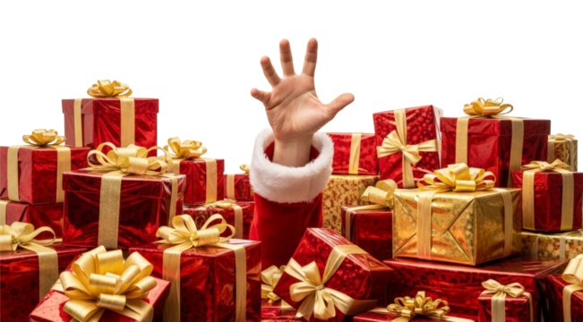 Santa hand reaching out from a pile of red gift boxes isolated on white background - Powered by Adobe