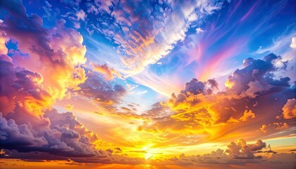 Colorful clouds fill a dramatic sky during a brilliant golden sunset