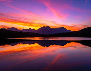 Obraz premium Vivid sunset reflects in tranquil lake before a mountain range